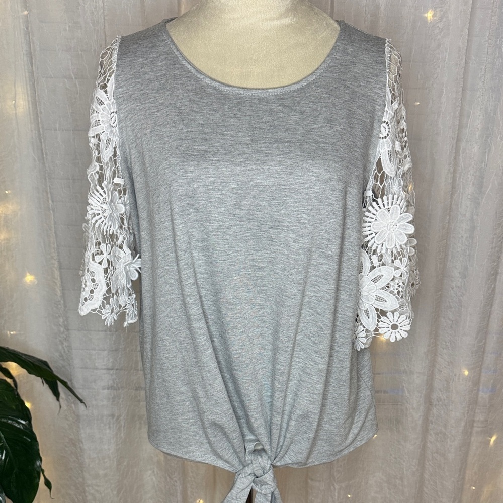 Cotton Bleu Gray Top with Beautiful Lace Sleeves